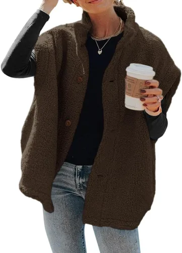 Vista 68 de Hongqizo - Chaleco de forro polar mullido para mujer, casual, de gran tamaño, cálido, con botones, chaqueta de sherpa con bolsillos