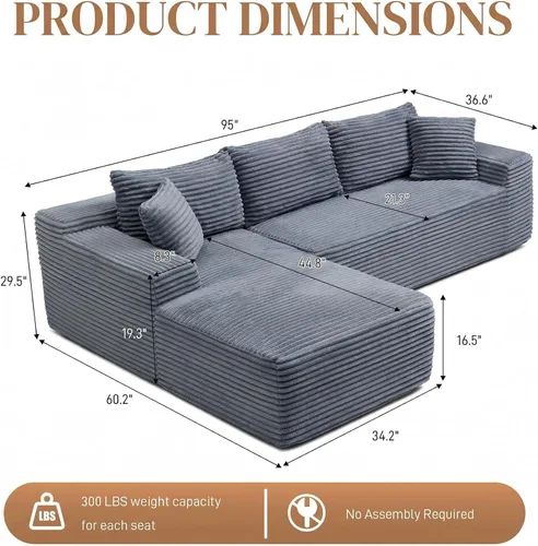 Vista 2 de Sofá modular sin hueso de 95 pulgadas, en forma de L con diván, tapicería de pana suave, asiento profundo, moderno y cómodo sofá para sala de estar