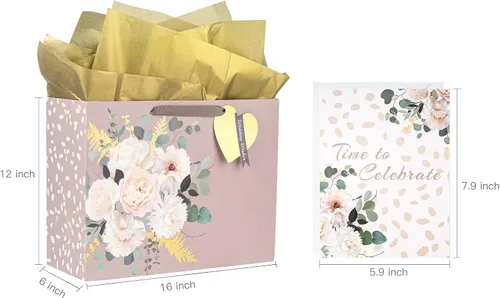 Vista 6 de MAYPLUSS Bolsa de regalo extra grande de 16 pulgadas con tarjeta de felicitación y papel de seda para boda, cumpleaños, diseño floral dorado