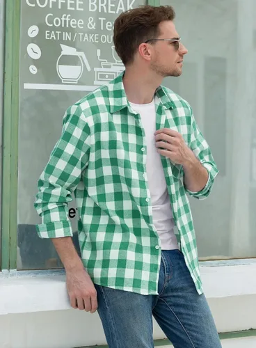 Vista 6 de SANGTREE Camisa de franela de manga larga con botones para hombres y niños, tallas desde 3 meses hasta 9XL de adulto de EE. UU., Verde, blanco