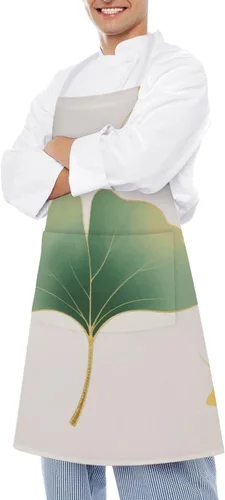 Vista 4 de MUSM Apron for Adults - 27.6 X 31.5 Inch, Heavy-Duty Polyester Aprons with Two Large Pockets, Waterproof Green Ginkgo Leaves Kitchen Apron for
