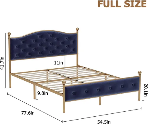 Vista 7 de Base de cama tapizada de tamaño matrimonial con botones y tela de terciopelo, base de colchón resistente con marco de metal y listones de madera