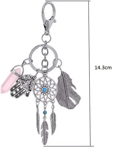 Vista 8 de MyfavoriteK Dreamcatcher Hamsa Llavero de buena suerte, adorno de piedras preciosas para llavero de coche