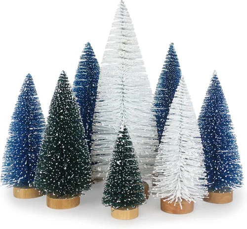 Vista 8 de Árbol de Navidad pequeño, mini árbol de Navidad, árbol de pino, cepillo de botella árboles falsos con base de madera para decoración de mesa