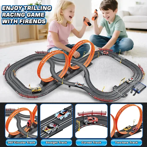 Vista 6 de Juguetes para niños de 6, 7, 8-12 años, juegos de pista de carreras de ranuras con 4 autos de ranura, pista de batería o eléctrica para niños, juego