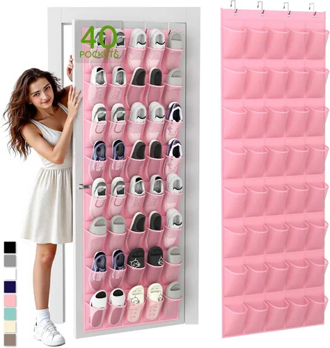 Vista 9 de Organizador de zapatos colgante sobre la puerta con 40 bolsillos grandes de malla transpirable, soporte de zapatos que ahorra espacio, estante