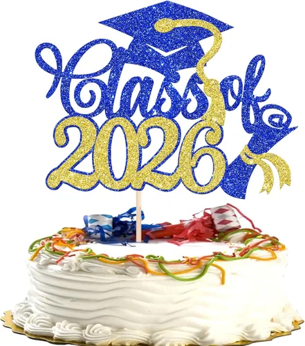 Vista 29 de Rsstarxi 1 paquete de decoración de pastel con purpurina para la clase de 2026, decoraciones de graduación 2026, tapa de felicitaciones