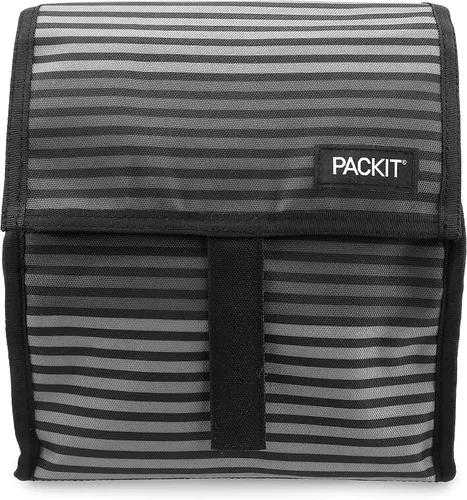 Vista 3 de PackIt Bolsa de almuerzo congelable a rayas grises con cierre de cremallera, 8 pulgadas y caja de aperitivos congelable, color negro