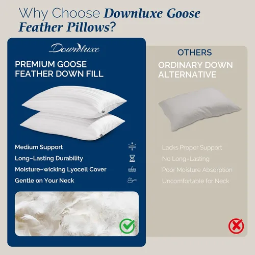 Vista 9 de downluxe Juego de 2 almohadas de plumas de ganso y plumón, colección de hotel, para dormir de espalda, estómago o de lado, tamaño Queen