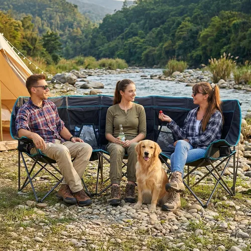 Vista 2 de FUNDANGO Silla de Camping Extra Ancha para 3 Personas para Adultos con Hielera, Sofá de Campamento de Servicio Pesado de 1000 LBS de Tamaño Grande
