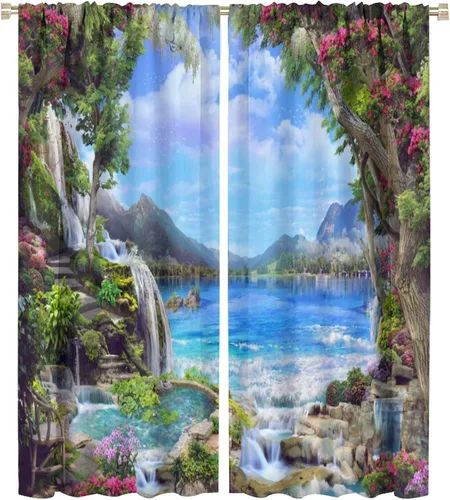 Vista 51 de Cortina opaca de bosque de verano, diseño de ramas de bosque, con bolsillo para barra, cortinas farbic con bolsillo para barra, comedor, cafetería