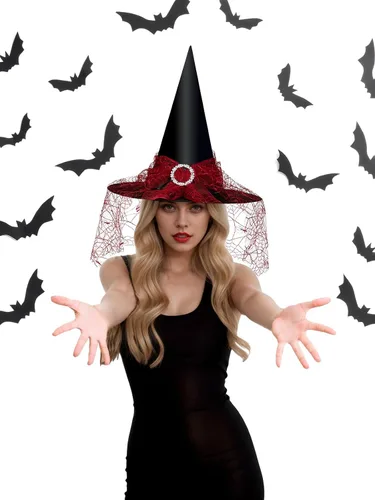 Vista 16 de Edoneery Sombrero de bruja de Halloween para mujer, encaje de malla, accesorio de disfraz de mago para fiestas de cosplay