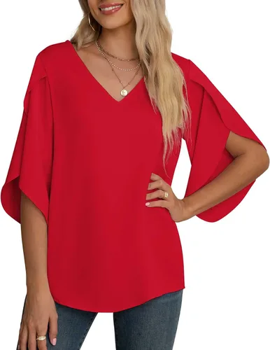 Vista 38 de Blusas de gasa con mangas 3/4 arrugadas de otoño para mujer de Jouica 01amy Verde