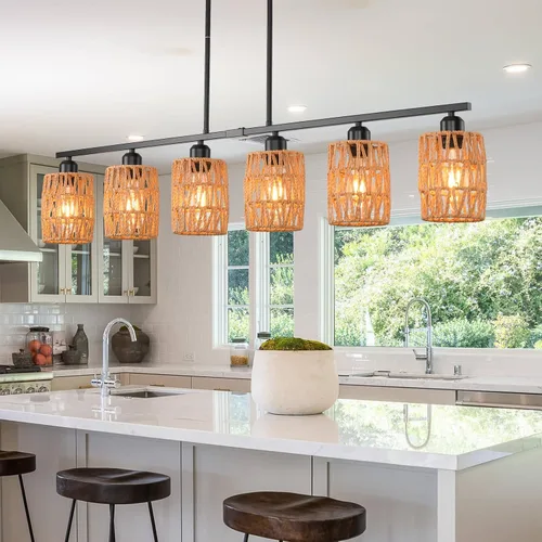 Vista 11 de Lámpara de isla de cocina de ratán, lámpara de araña rústica boho costera, lámpara colgante rústica bohemia de 4 luces para comedor, altura