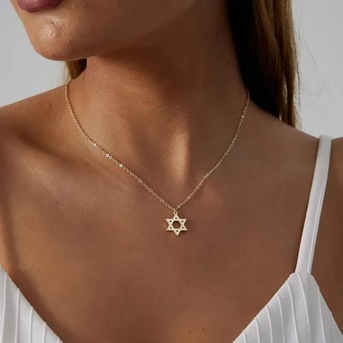 Vista 4 de LEXODY Collar de oro para mujer, collar de luna y estrella, delicado collar con colgante de estrella de David, collar de luna creciente de oro de 14