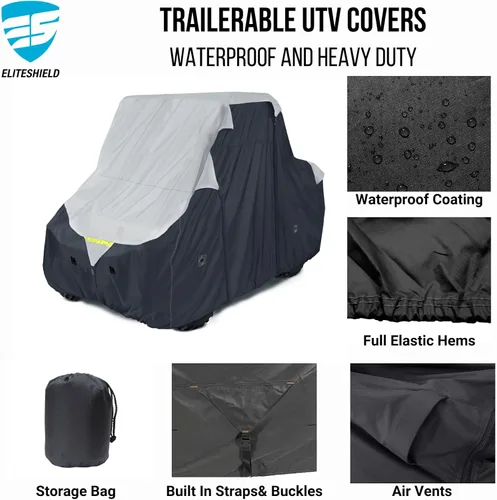 Vista 2 de EliteShield Cubierta impermeable Quad 4 x 4 UTV, remolcable resistente, cubierta de almacenamiento SXS para vehículos utilitarios, gris/negro, se