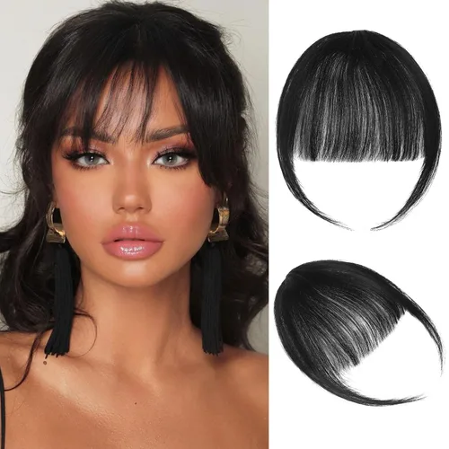Vista 8 de Extensiones de cabello humano 100 % real, flequillo ondulado, color marrón oscuro, piezas de cabello falso, flequillo delgado, clip para mujer