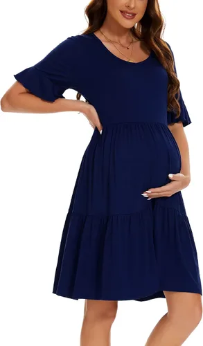 Vista 12 de Smallshow Vestido de maternidad para mujer, con volantes, manga corta, ropa de embarazo de verano Verde militar