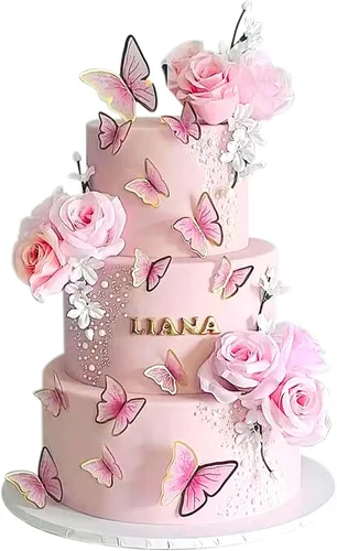 Vista 18 de 38 bolas de oro rosa para decoración de tartas, flores artificiales rosadas, decoraciones de pasteles de mariposa para decoración de pasteles