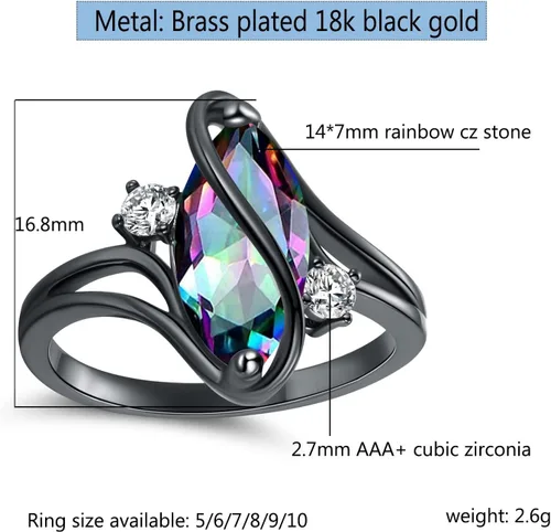 Vista 3 de 18K Black Gold Plated Rainbow CZOpal Marquise Rings for Women Cocktail Promise Eternity Band Party Birthday Gifts Fashion Jewelry