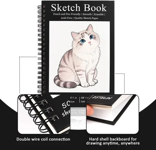 Vista 6 de DSTELIN Paquete de 2 cuadernos de bocetos encuadernados en espiral (papel de dibujo de 3.53 oz/m²), 50 hojas por paquete, cuaderno de bocetos de 7.5