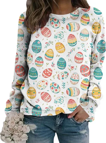 Vista 4 de Sudadera clásica de cuello redondo con patrón de flores boho para primavera y otoño, suave, cómoda, de inspiración retro, pieza de capas para mujer