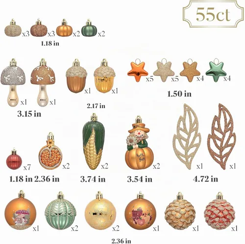 Vista 5 de Valery Madelyn 55ct Fall Ornaments Shatterproof Tree Decorations for Home Orange Green Scarecrow Pumpkin Ball Ornaments Farmhouse Hanging Decor for