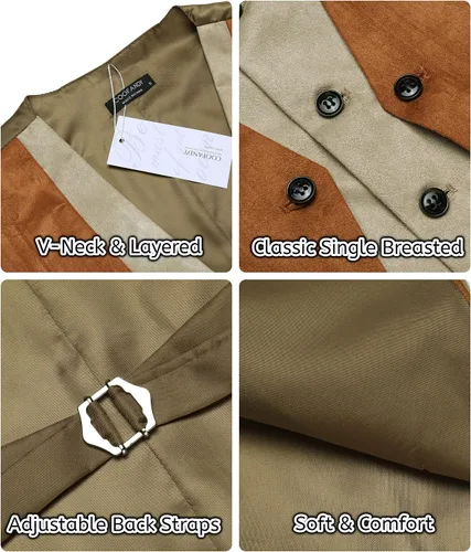 Vista 5 de COOFANDY Chaleco de cuero de ante para hombre, estilo en capas, chaleco de vestir