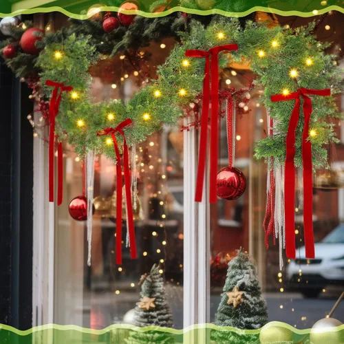 Vista 3 de Guirnalda de cedro de Navidad de 1.8 m con lazo rojo, guirnaldas de pino artificiales iluminadas con luces blancas, vegetación artificial de toque