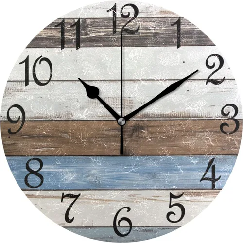 Vista 19 de Reloj de pared rústico retro con puerta de granero de madera, marrón, azul, funciona con pilas, silencioso, sin tictac, 10 pulgadas, reloj de mesa