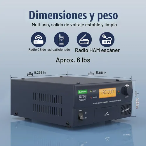 Vista 3 de PS-30SWX fuente de alimentación universal de banco regulada DC, convertidor de energía AC a DC, 13.8V (5-15V ajustable) 30A (máx.), con conector