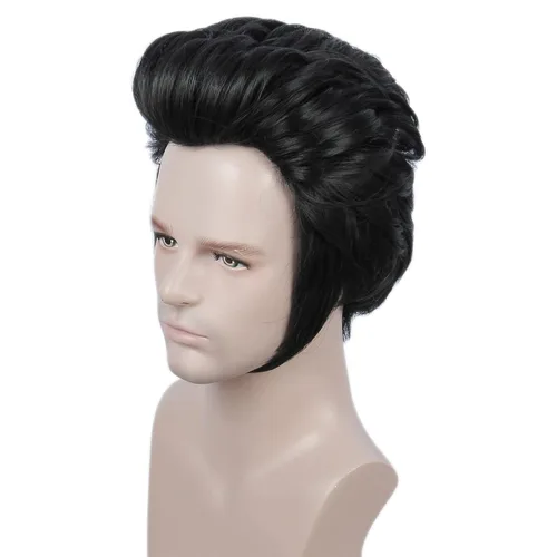 Vista 3 de Linfairy Peluca corta negra con lentes para disfraz de Halloween y cosplay para hombres