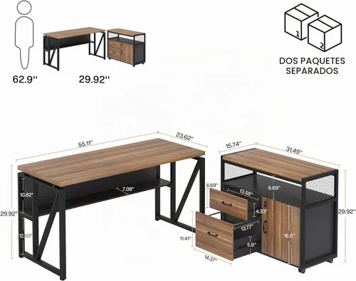 Vista 2 de Tribesigns Escritorio en forma de L de 55 pulgadas con cajón, escritorio ejecutivo para computadora y archivador lateral, 2 piezas de muebles