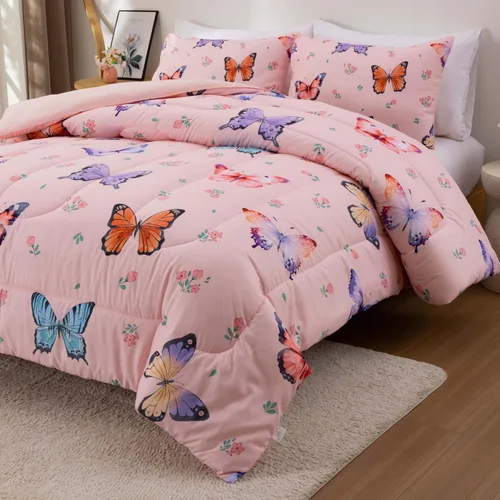 Vista 4 de Btargot Juego de edredón de 3 piezas con diseño de mariposas para niños, juego de cama con estampado de flores coloridas para mujeres y niñas
