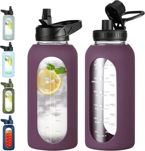 Vista 25 de EALGRO Botella de agua de vidrio de 32 onzas con popote y asa, frasco de agua motivacional deportivo con funda de silicona, taza grande a prueba