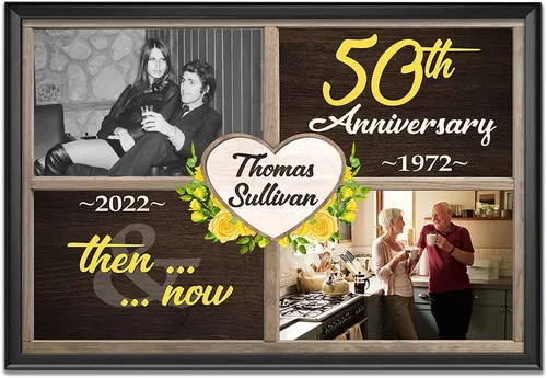 Vista 8 de Póster personalizado de lienzo de aniversario de boda, regalo personalizado, letrero de aniversario del año «Then and No», foto del 25 ° u otro