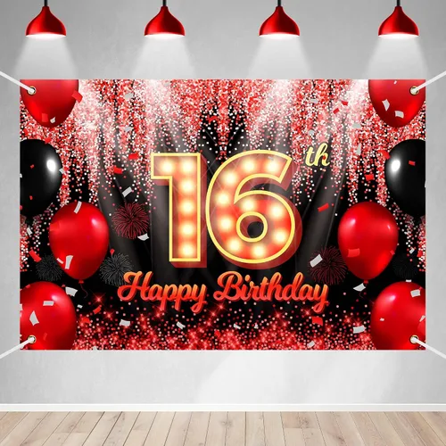 Vista 15 de Telón de Fondo Banner de Feliz 10º Cumpleaños Tema Negro y Rojo con Fondo de Neón Brillante y Moda para Fiesta de Cumpleaños Fotografía Accesorio