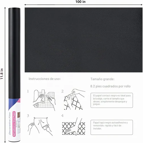 Vista 2 de Arthome - Papel adhesivo negro de 11.8 x 100 pulgadas, papel tapiz autoadhesivo impermeable de vinilo de PVC brillante, a prueba de aceite, papel