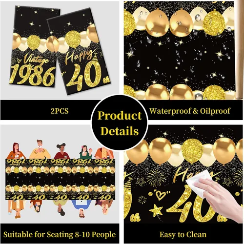 Vista 15 de Uiorgui 2 piezas mantel de cumpleaños número 18, mantel de cumpleaños número 18 negro dorado para niños y niñas, mantel de plástico rectangular