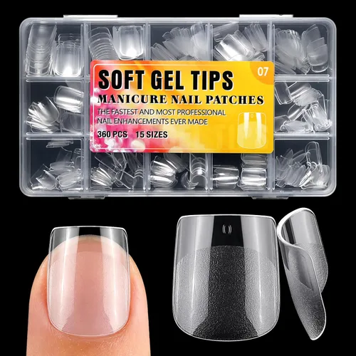 Vista 14 de 360 puntas de uñas cortas de almendra, puntas de uñas postizas cortas en forma de almendra, puntas de uñas acrílicas transparentes a presión, puntas
