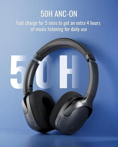 Vista 4 de Auriculares híbridos con cancelación activa de ruido, Bluetooth inalámbrico sobre la oreja, tiempo de reproducción ANC de 50 horas, giratorio