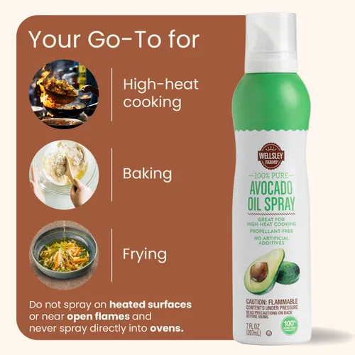 Vista 5 de Wellsley Farms Aerosol de aceite de aguacate 100% puro, espray antiadherente de alto calor, aceite de cocina de 0 calorías, apto para veganos y bajo