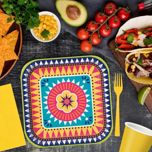 Vista 3 de Platos cuadrados de papel para cena - 9 pulgadas Boho Fiesta 8 piezas
