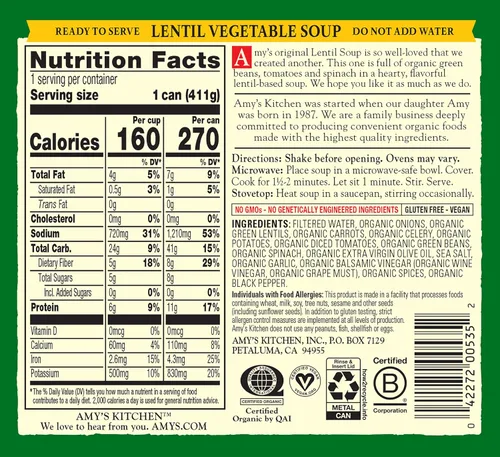Vista 2 de Amy’s, Sopa de Lentejas y Vegetales Vegana, Sin Gluten, Hecha con Vegetales Orgánicos, Sopa en Lata, 14.5 Oz (Pack de 12)