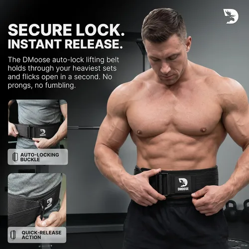Vista 3 de DMoose Fitness Cinturón de levantamiento de pesas con bloqueo automático para hombres y mujeres, cinturón de nailon de 4 pulgadas para sentadillas