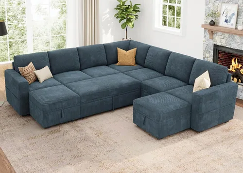 Vista 17 de HONBAY Sofá cama modular, sofá cama modular de pana extraíble con almacenamiento, sofás seccionales en forma de U para sala de estar, color azul