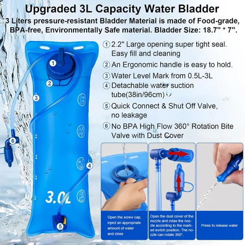 Vista 4 de Mochila de hidratación aislada con vejiga de agua de 3 litros, mochila de senderismo a prueba de fugas de 18 L, mochila de agua ligera para hombres