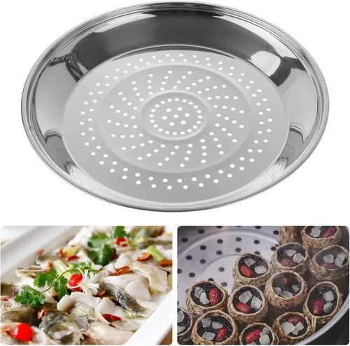Vista 2 de Yardwe Plato para cocinar al vapor de acero inoxidable con agujeros, estante de 13.4 in para cocinar, perfecto para albóndigas, tamales y verduras