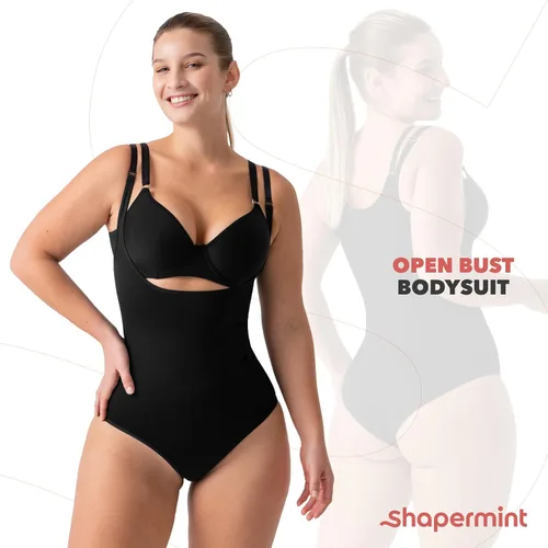 Vista 6 de SHAPERMINT Body de brasier abierto con braga de pierna corta, abdomen sin costuras, compresión lateral y trasera
