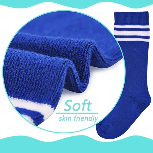 Vista 3 de LO SHOKIM Calcetines hasta la rodilla para niños pequeños, calcetines de fútbol para niñas, tres rayas sobre la pantorrilla, uniforme escolar